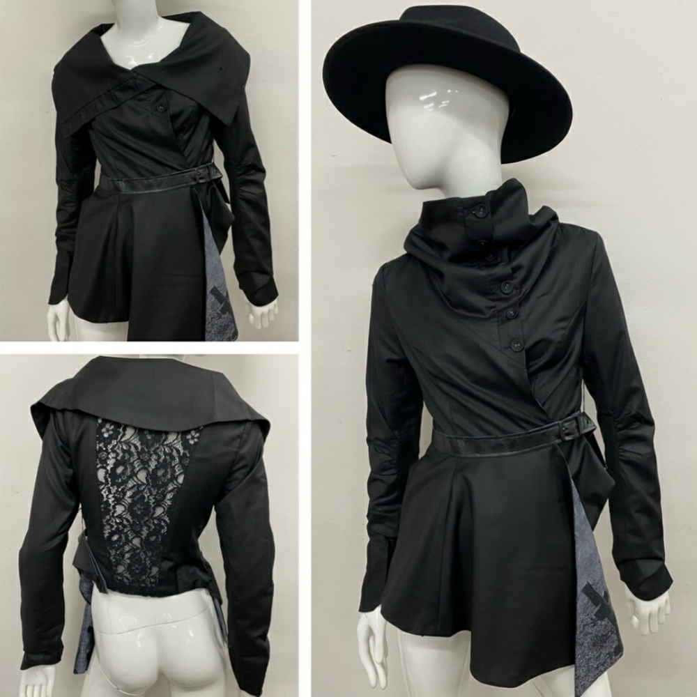 Dolls Kill - Widow Assymetrical Cowl Neck Lace Blazer Jacket Black Large Nwt